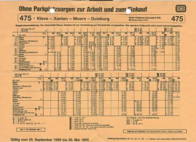 Fahrplan Kleve - Duisburg, Winter 1989