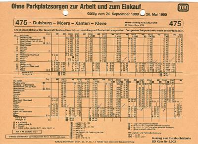 Fahrplan Duisburg - Kleve, Winter 1989