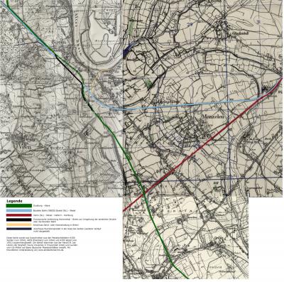 Ausschnitte von Messtischblättern mit den Kreuzungen der Boxteler Bahn, dem Hippelandexpress und der Venloer Bahn zwischen Birten und Menzelen